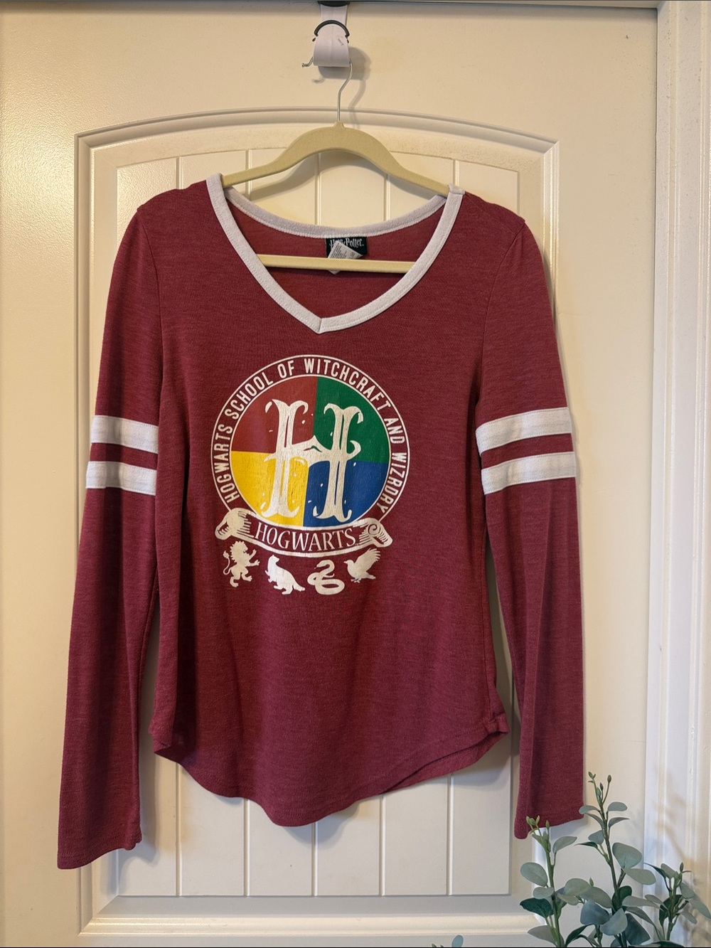 Maroon Long-Sleeve V-Neck Hogwarts Graphic Tee